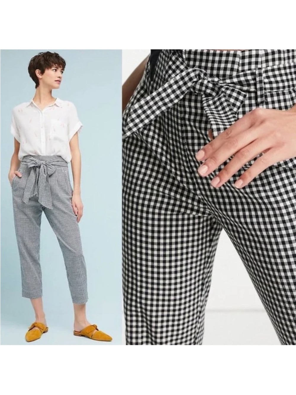 Joie Black & White Gingham Cropped Paperbag Pants